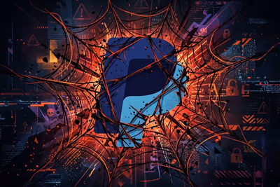 Das PayPal-Logo, gefangen in einem Spinnennetz aus roten Warnsymbolen
