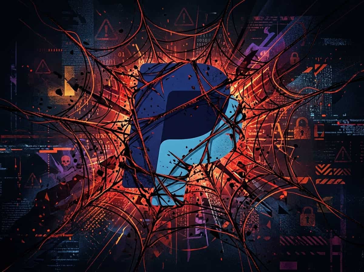 Das PayPal-Logo, gefangen in einem Spinnennetz aus roten Warnsymbolen