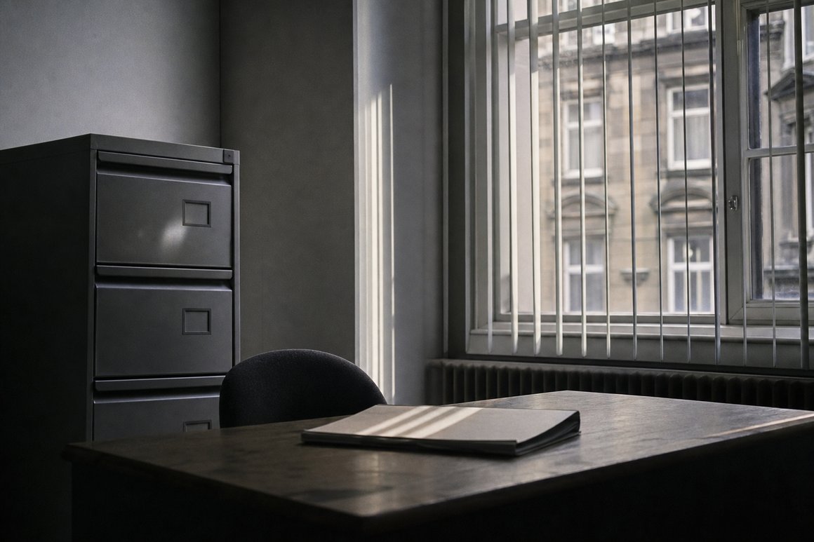 Nüchternes Verwaltungsbüro in der Dämmerung mit Aktenschrank und geschlossenem Ordner